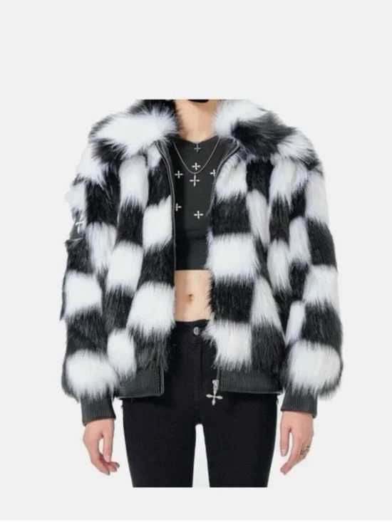 SMFK Plan C Checkered Faux Fur Bomber Jacket Black White Size 1 - Picture 1 of 13